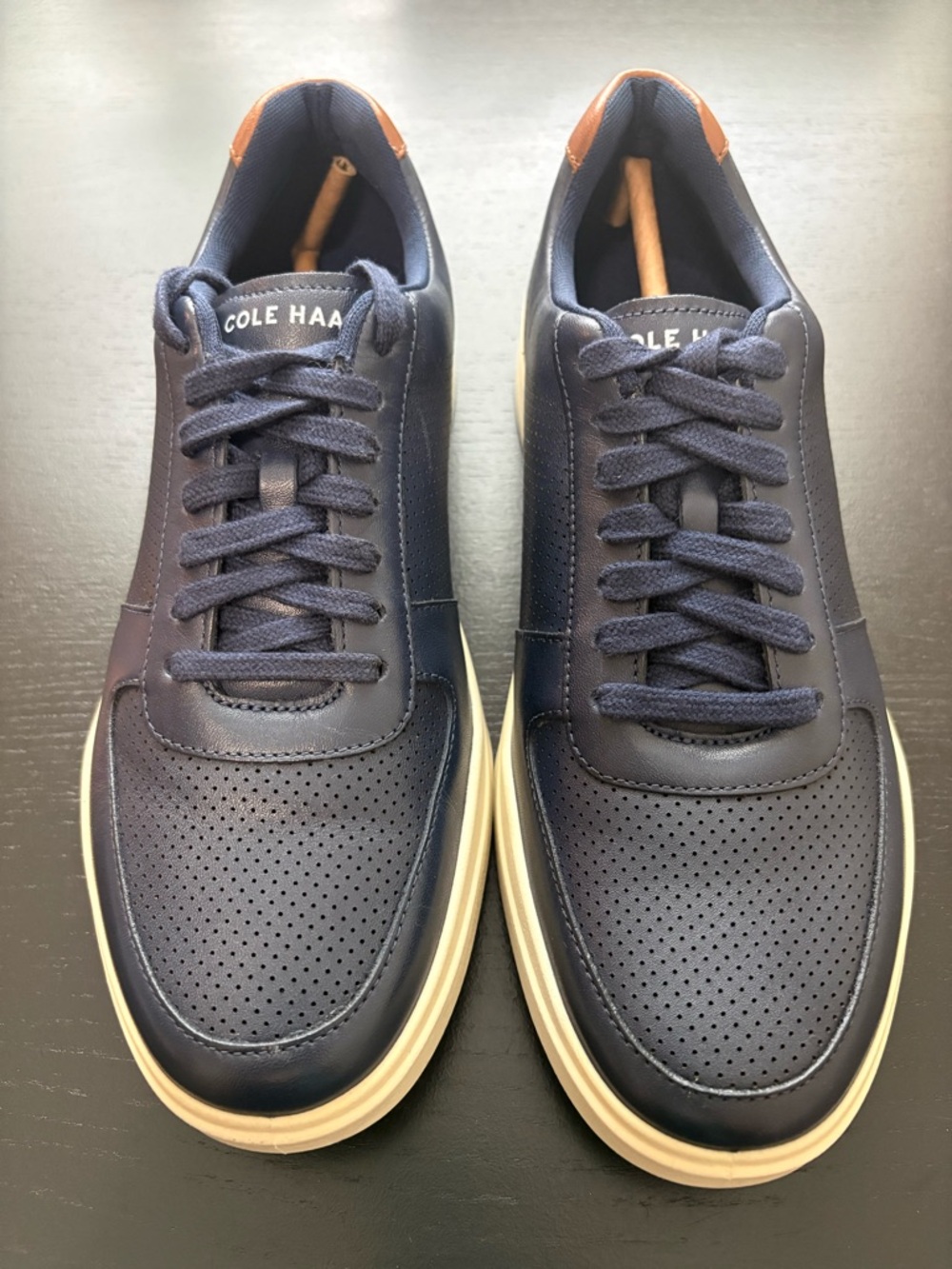 Cole Haan Navy Leather Perforated Sneakers with Cream Sole and Tan Heel Tab